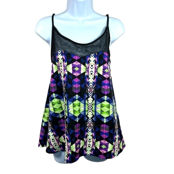 Small Neon Purple Green Boho Geometric Mesh Lace Accent Flowy Tank - Picture 1 of 9